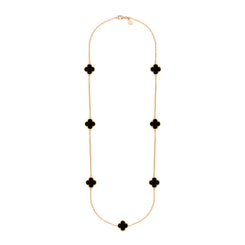 9ct Rose Gold Whitby Jet Bloom Seven Stone Four Leaf Clover Chain Necklace, N1040.