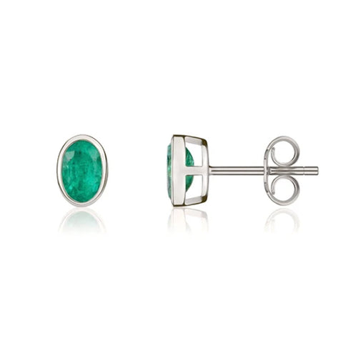 9ct White Gold Emerald 6x4mm Oval Rub Over Set Stud Earrings 33-22-066_2
