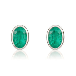 9ct White Gold Emerald 6x4mm Oval Rub Over Set Stud Earrings 33-22-066.