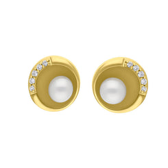 9ct Yellow Gold Diamond Freshwater Pearl Round Stud Earrings, BRN-537