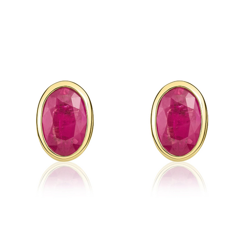 9ct Yellow Gold Ruby 6x4mm Oval Rub Over Set Stud Earrings 33-23-018.
