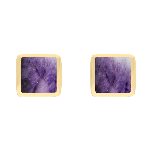 9ct Yellow Gold Sterling Silver Blue John Stepping Stones Square Stud Earrings E1295