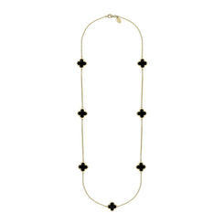 9ct Yellow Gold Whitby Jet Bloom Four Leaf Clover Long Necklace, N1129.