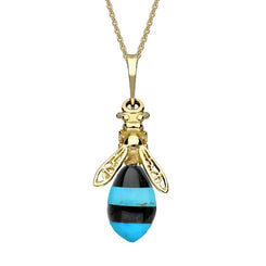 9ct Yellow Gold Whitby Jet Turquoise Bee Drop Necklace, P3143.