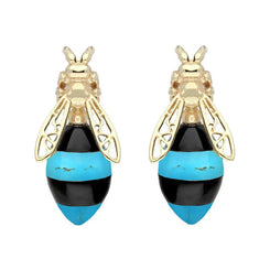 9ct Yellow Gold Whitby Jet Turquoise Bee Stud Earrings, E2424.