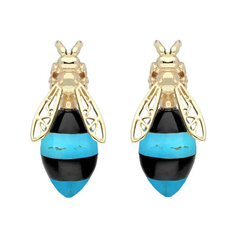 9ct Yellow Gold Whitby Jet Turquoise Bee Stud Earrings, E2424.