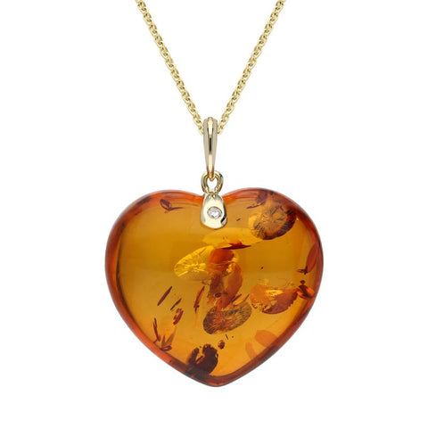 9ct Yellow Gold Amber Diamond Heart Necklace, P3480.
