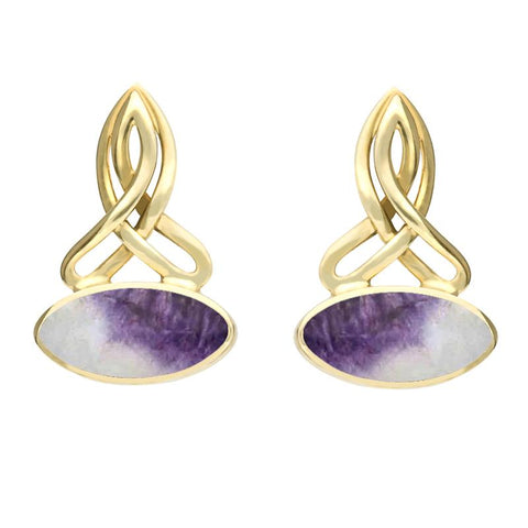 9ct Yellow Gold Blue John Wide Marquise Celtic Stud Earrings E977