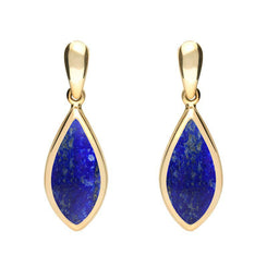 9ct Yellow Gold Lapis Lazuli Small Pointed Pear Drop Earrings. E686.