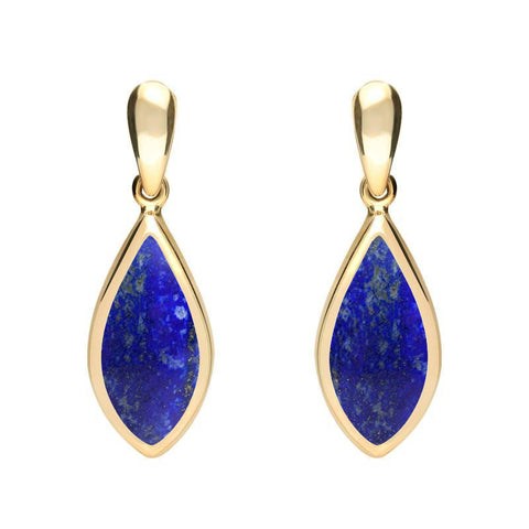 9ct Yellow Gold Lapis Lazuli Small Pointed Pear Drop Earrings. E686.