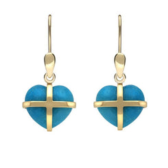 9ct Yellow Gold Turquoise Small Cross Heart Drop Earrings E1287