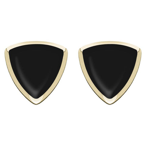 9ct Yellow Gold Whitby Jet Curved Triangle Stud Earrings. E203.