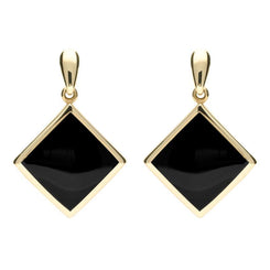 9ct Yellow Gold Whitby Jet Rhombus Drop Earrings, E078.