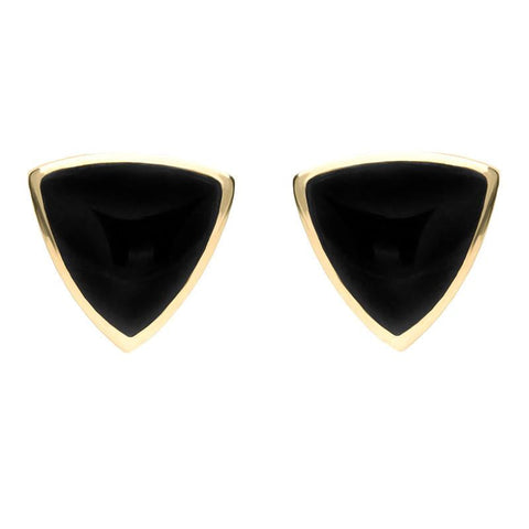 9ct Yellow Gold Whitby Jet Large Curved Triangle Stud Earrings. E209.