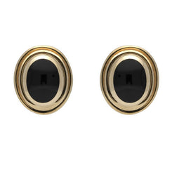 9ct Yellow Gold Whitby Jet Oval Ribbed Edge Stud Earrings. E184.