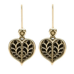 9ct Yellow Gold Whitby Jet York Minster Heart Hook Earrings. E2385.