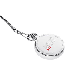 A silver-toned round watch battery pendant with engraved text and a small red Swiss logo, attached to a metal chain on a plain white background.