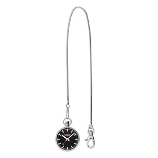 A silver metal watch lanyard with a small round black watch face, silver hour markers, and silver hardware including a lobster clasp, shown on a plain white background.