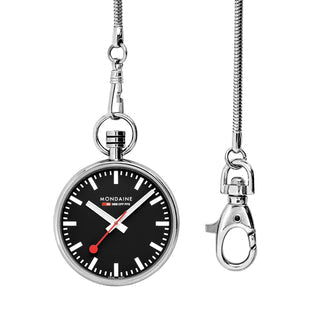 A silver-toned pocket watch with a black dial and a matching silver snake chain, shown alongside a separate lobster clasp on a plain white background. The dial features the brand name 'MONDAINE' and 'Swiss Made'.