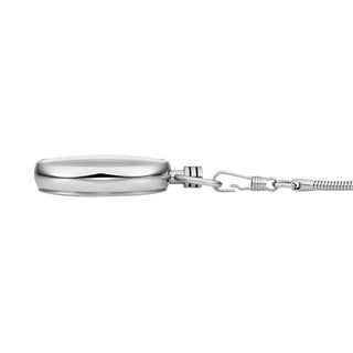 A polished silver metal pocket watch with a matching metal chain and spring ring clasp, shown in profile against a plain white background.