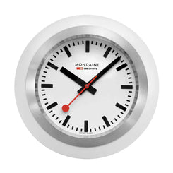 Mondaine wall clock with silver frame and white face on a white background