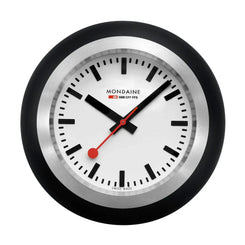 Mondaine wall clock with black and silver design on a white background