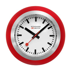 Mondaine wall clock with red and silver design on a white background