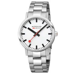 Silver Mondaine watch with a white face on a white background