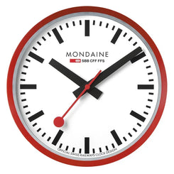Mondaine wall clock with red frame on a white background