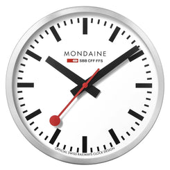 Mondaine wall clock with white face, black hands, and red second hand on a white background