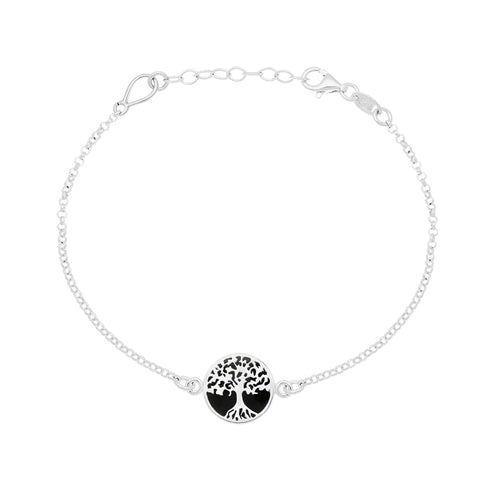 Sterling Silver Whitby Jet Round Tree of Life Chain Bracelet