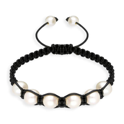 Black Leather White Pearl Bracelet, B853.