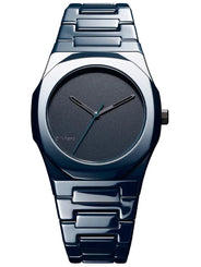 A minimalist analog watch with a dark metallic blue-gray stainless steel case and link bracelet, featuring a matching dark gray textured dial with simple silver-tone hands and a blue second hand.