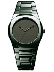 A modern wristwatch with a dark metallic green and black color scheme, featuring a round bezel, a minimalist dark dial with silver-tone hands, and a matching green link bracelet.