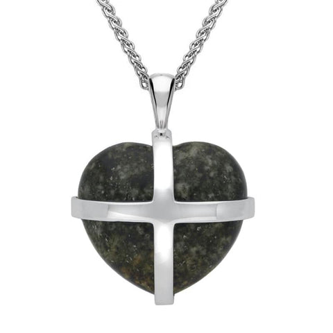 C W Sellors Sterling Silver Preseli Bluestone Medium Cross Heart Necklace, P1543.