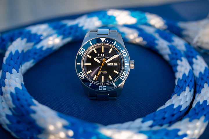 Ball Watch Company Engineer Master II Skindiver Heritage Watch with blue dial, steel bracelet, steel case