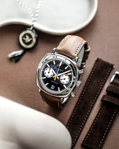 Duckworth Prestex Chronograph 42 Black Sunburst Tan Leather Watch