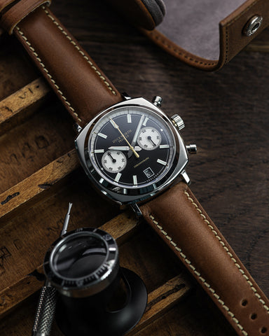 Duckworth Prestex Chronograph 42 Black Sunburst Tan Leather Watch
