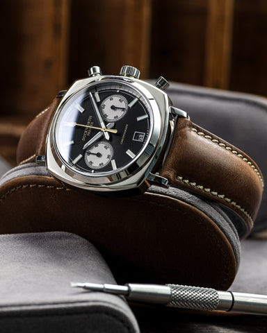 Duckworth Prestex Chronograph 42 Black Sunburst Tan Leather Watch