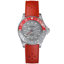 A Davosa wristwatch with a silver-toned stainless steel case, a gray dial, a red and black bezel, and a textured red rubber strap, shown against a plain white background.