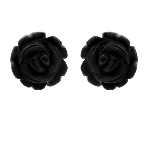 Sterling Silver Whitby Jet Large Carved Rose Two Piece Set