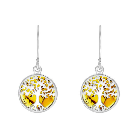 Sterling Silver and Amber Tree of Life Drop Earrings