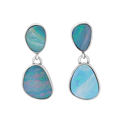 Sterling Silver Opal Two Stone Oval Doublet Drop Earrings