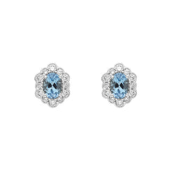 18ct White Gold 0.78ct Aquamarine Diamond Oval Cluster Stud Earrings