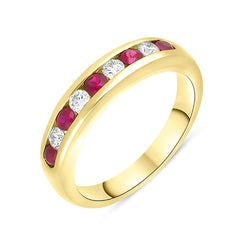 18ct Yellow Gold Ruby Diamond Channel Set Half Eternity Ring
