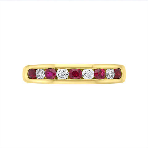 18ct Yellow Gold Ruby Diamond Channel Set Half Eternity Ring