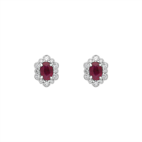 18ct White Gold Ruby Diamond Cluster Oval Stud Earrings
