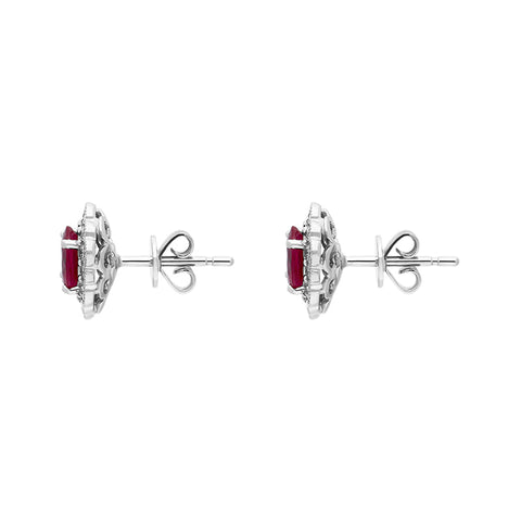 18ct White Gold Ruby Diamond Cluster Oval Stud Earrings