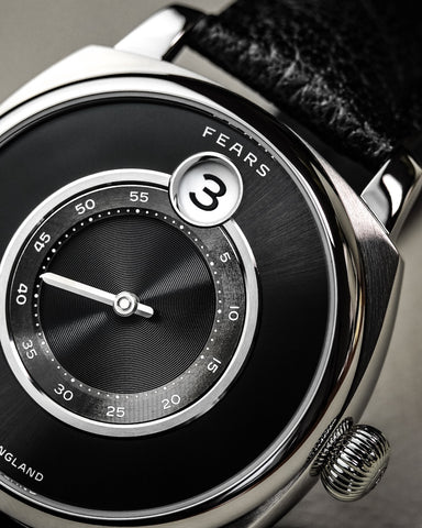 Fears Brunswick 40.5 Jump Hour Raven Black Leather Watch