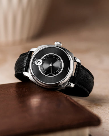 Fears Brunswick 40.5 Jump Hour Raven Black Leather Watch